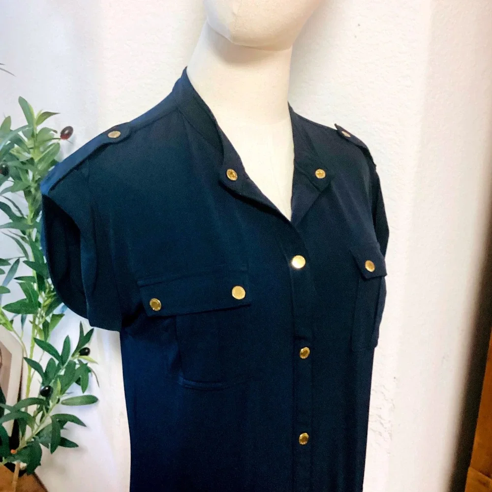 Michael Kors Navy Blue Maxi Shirt Dress Gold Hardware Slit Short Sleeve M
